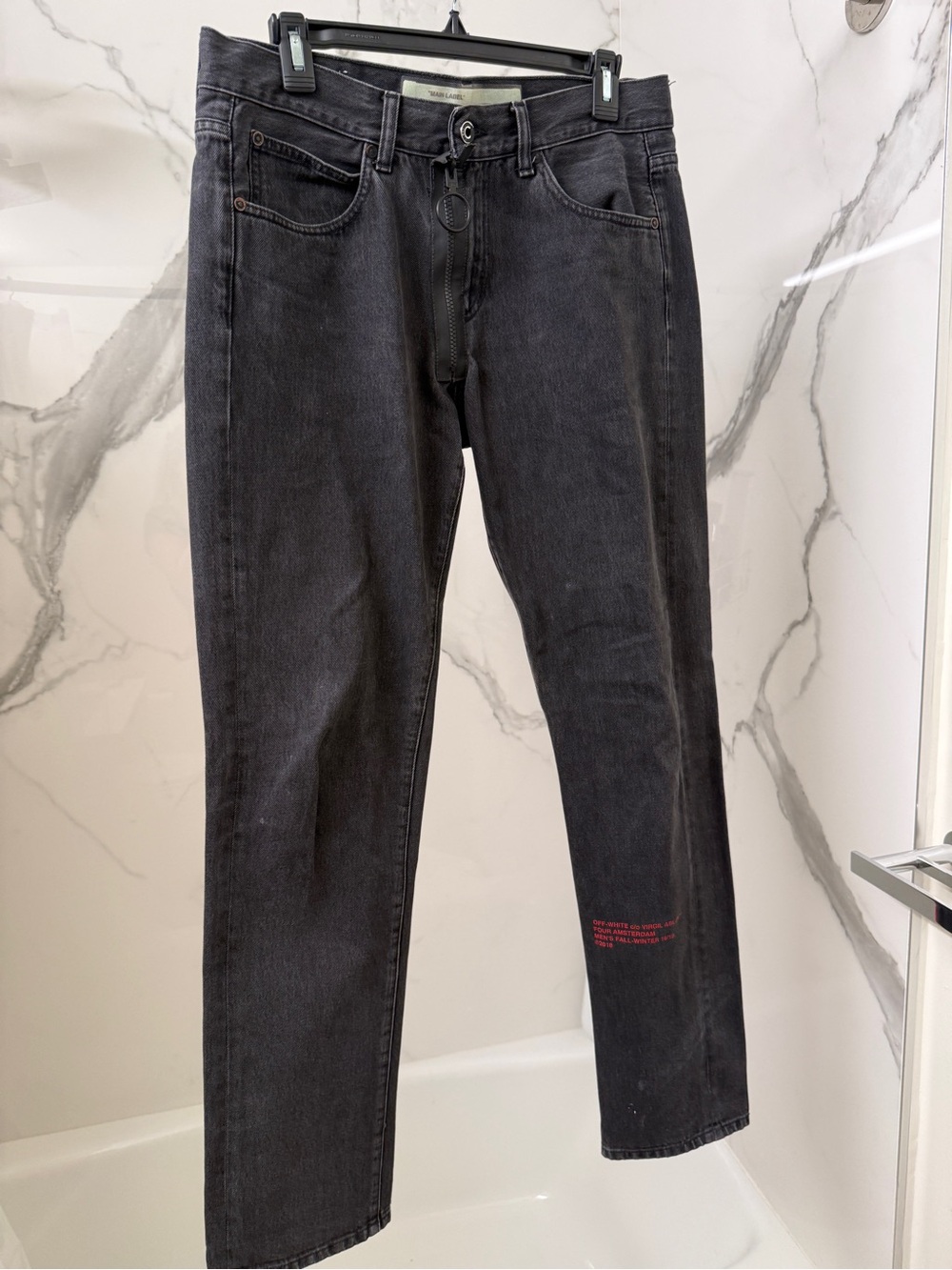 Men's Black Denim Jeans with Embroidered Red Diagonal Accents - Picture 2 of 8